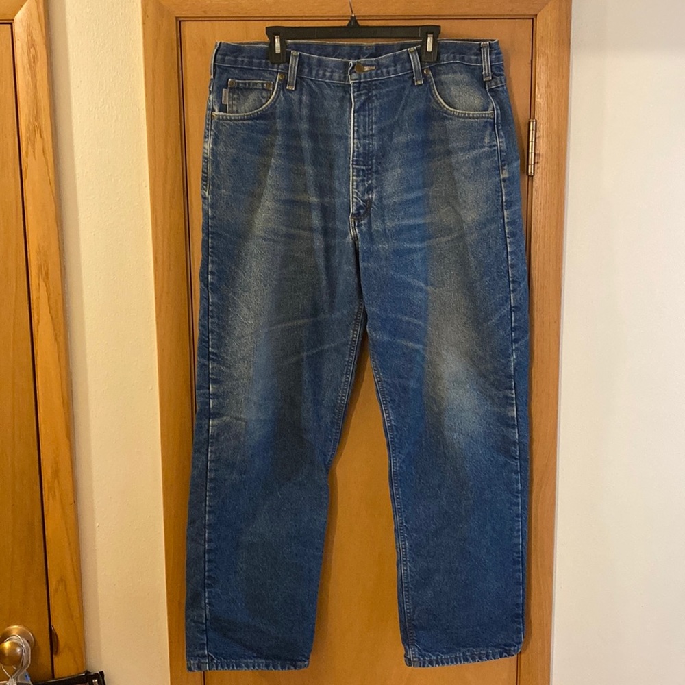 Carhartt Men’s Plaid Flannel Lined Jeans Distressed Size 42x32